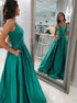 A Line V Neck Satin Prom Dress with Pockets LBQ2297
